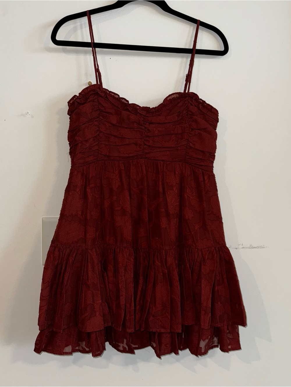Altar'd State Burgundy Ruffle-Tiered Spaghetti-Strap Mini Dress